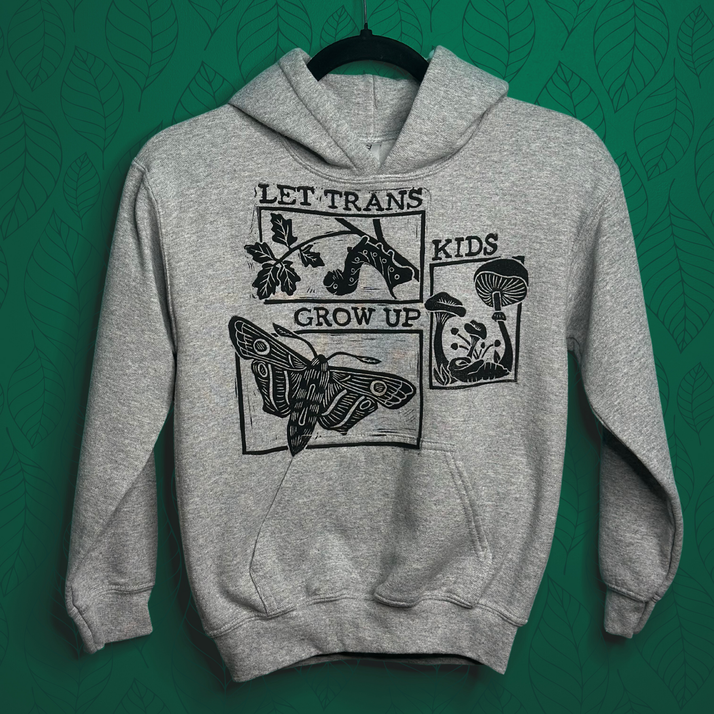 let trans kids grow up linoprinted grey hoodie (youth small)