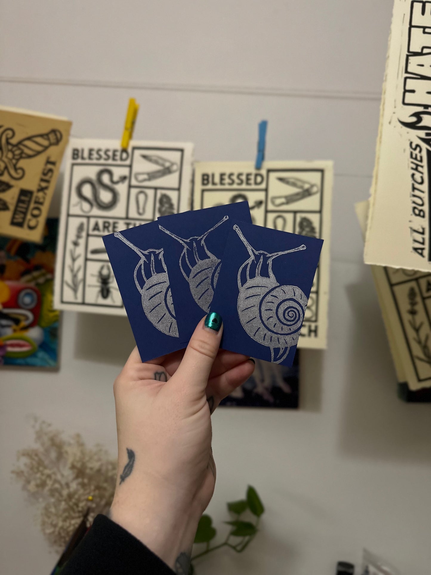 silver snail on navy atc/aceo