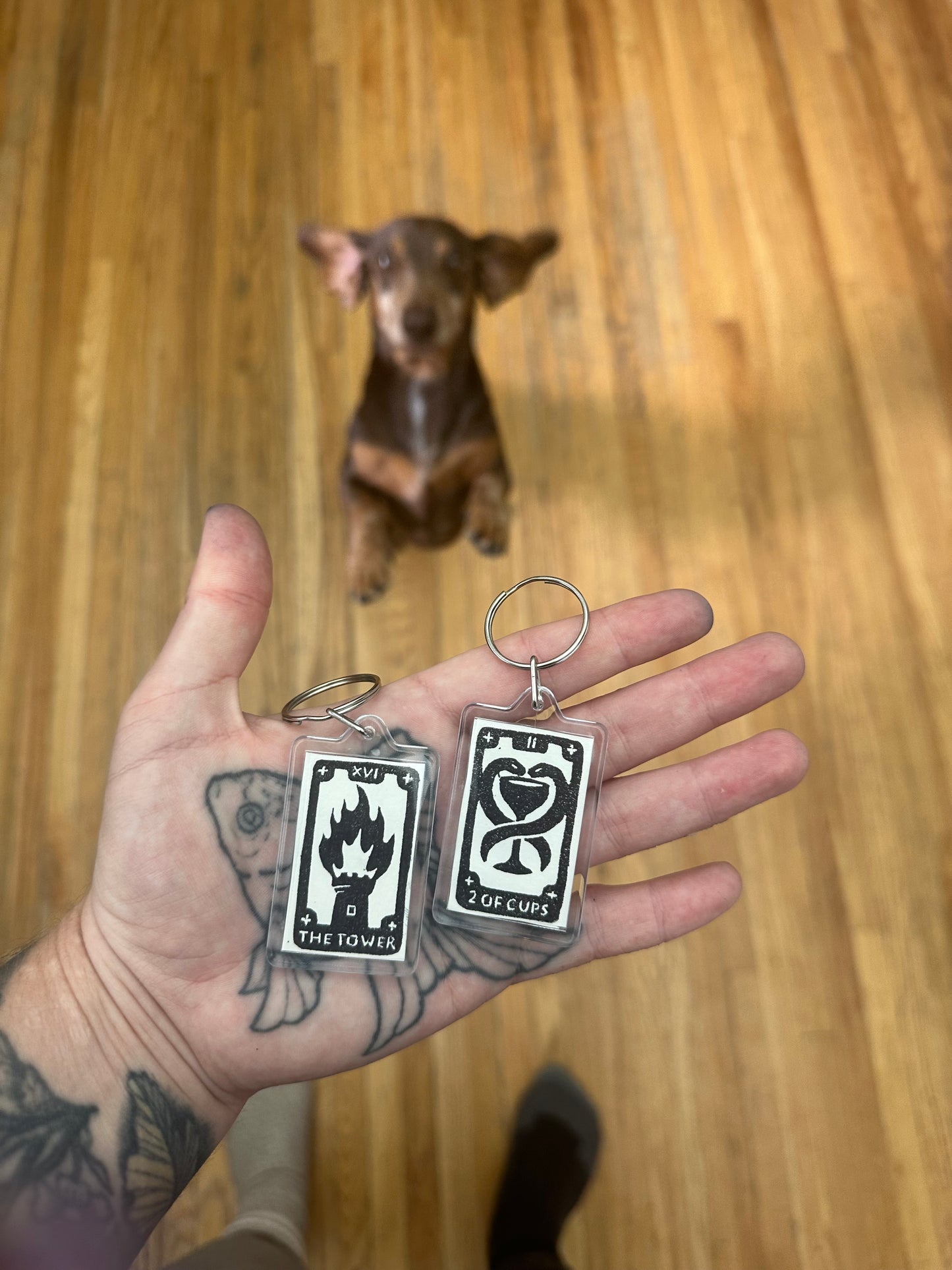mini tarot linoprint keychains