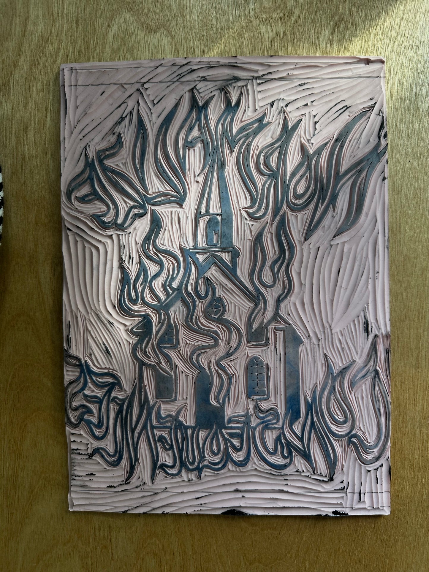 burning church block print
