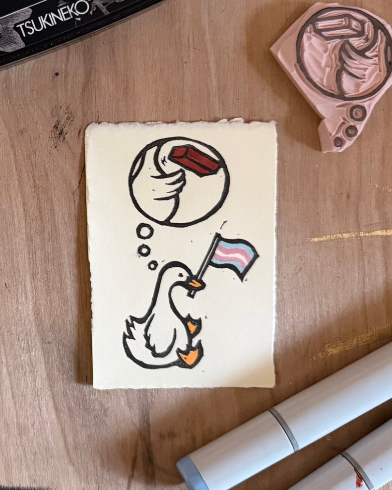 trans radical ducky linocut atc/aceo