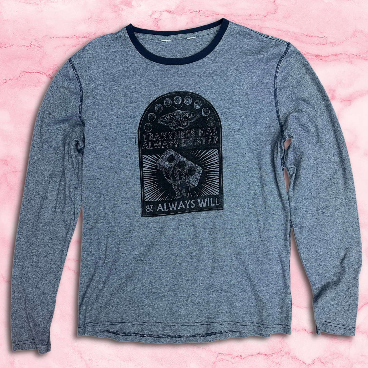 ode to our transcestors block print long sleeve blue shirt (no tag)