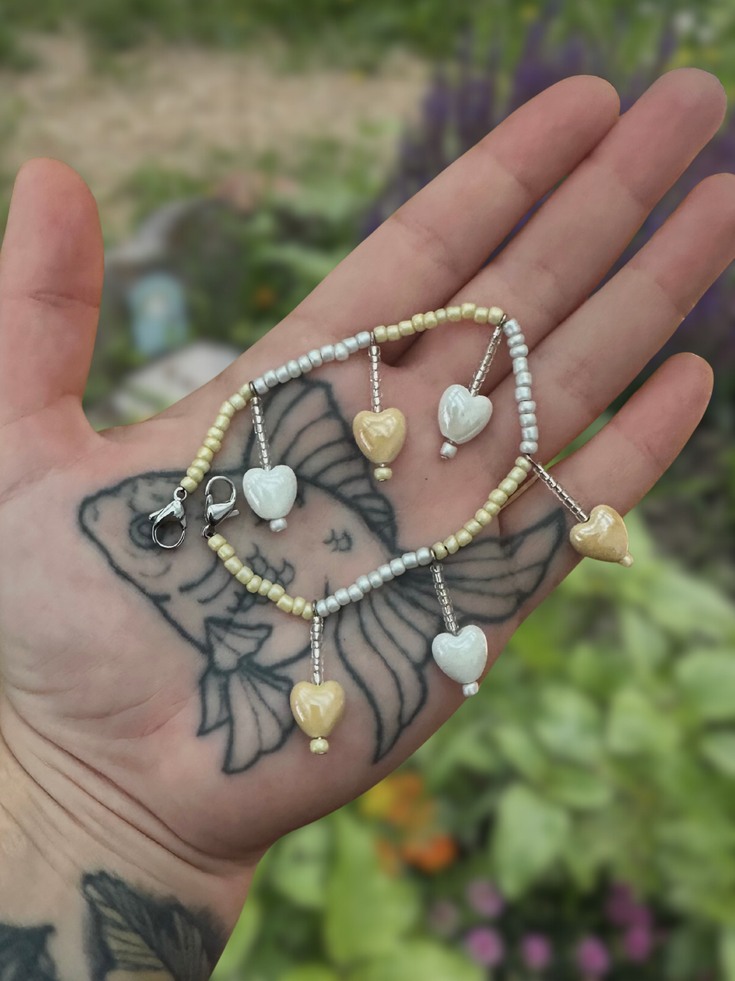 beige and white heart dangle mask chain