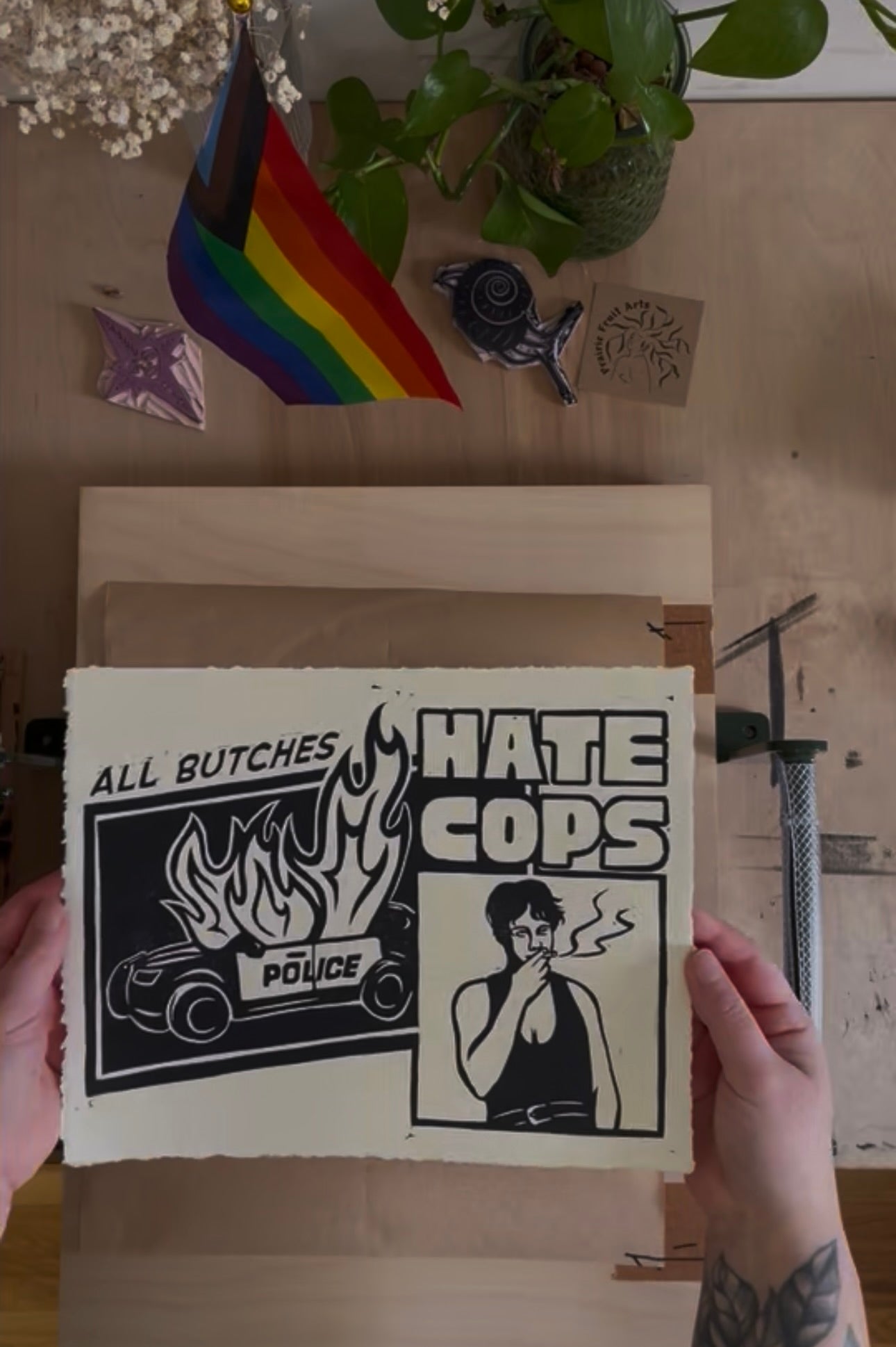 all butches hate cops linocut print