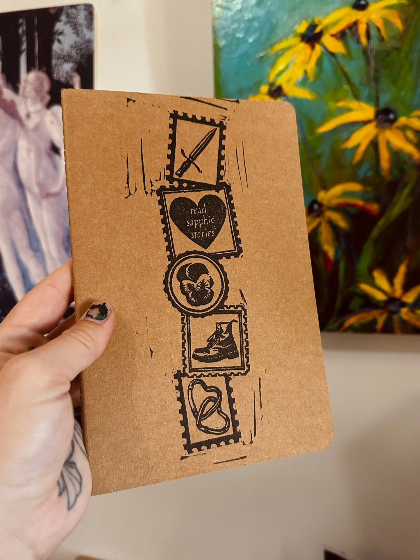 read sapphic stories linoprinted sketchbook