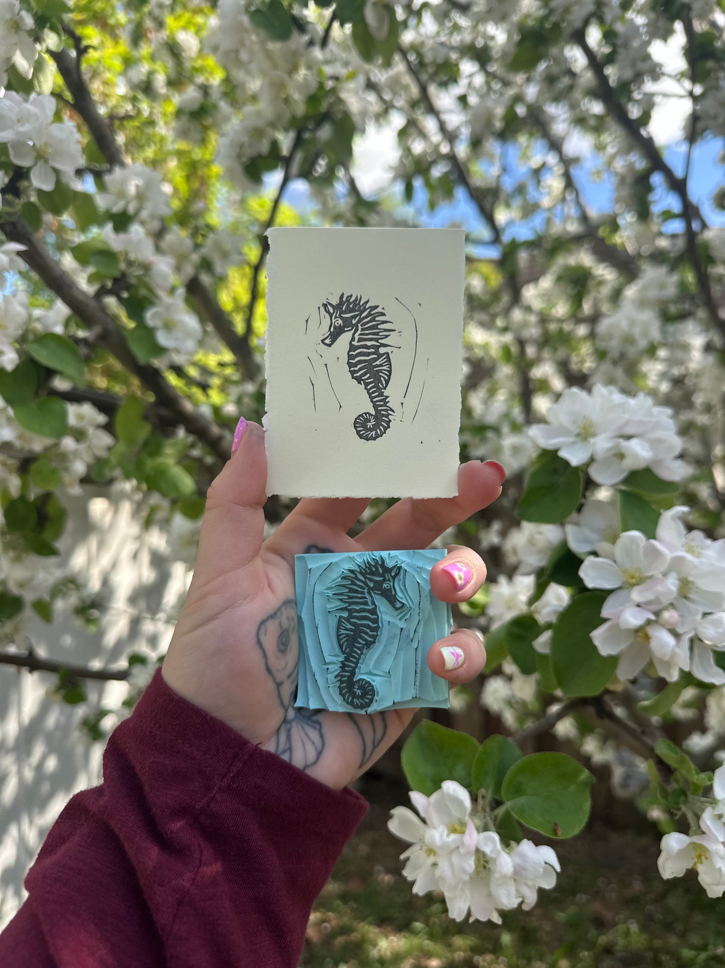 seahorse linocut atc/aceo