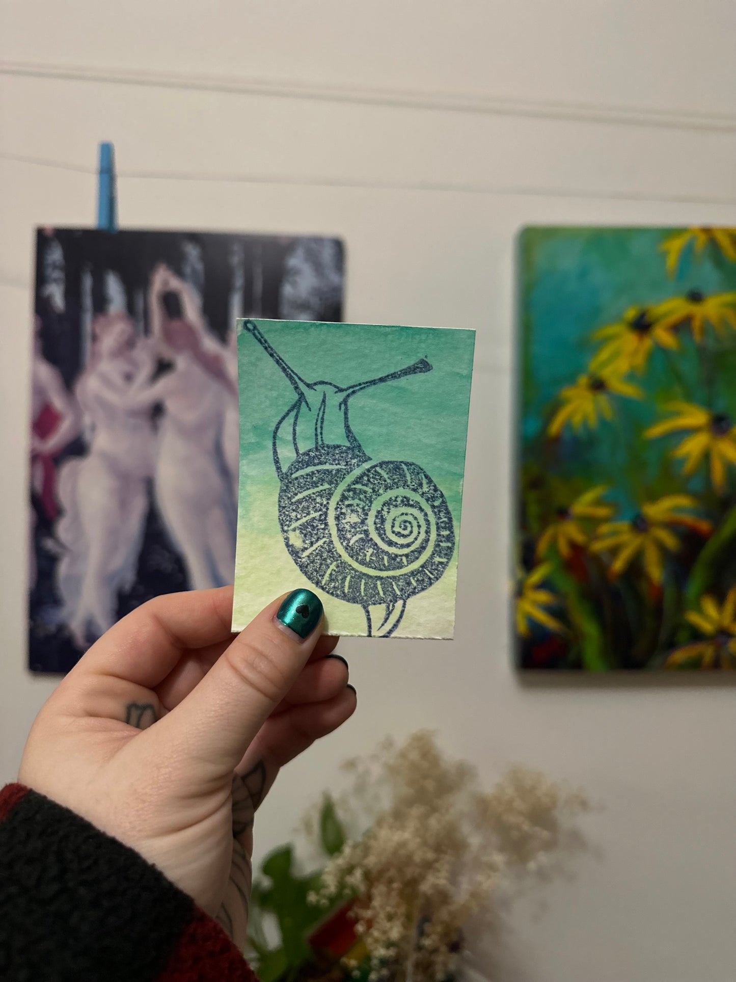 teal ombré snail atc/aceo