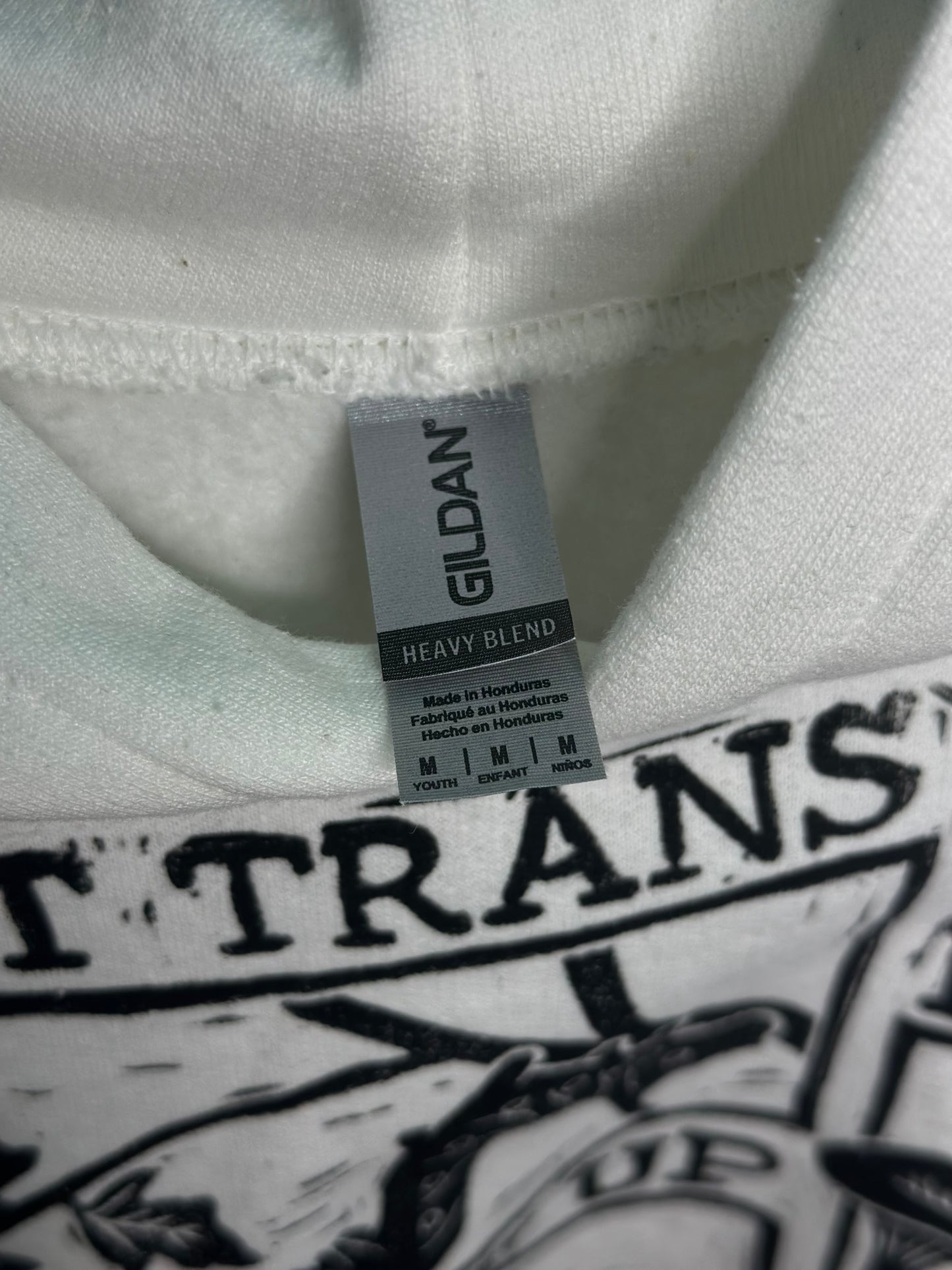 let trans kids grow up linoprinted white hoodie (youth medium)