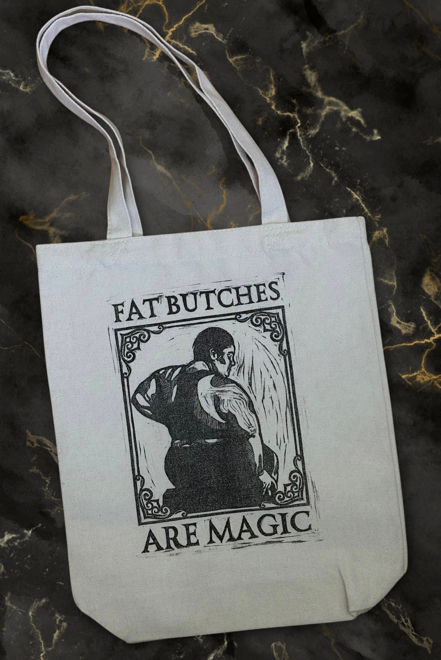 fat butches are magic hand printed tote bag