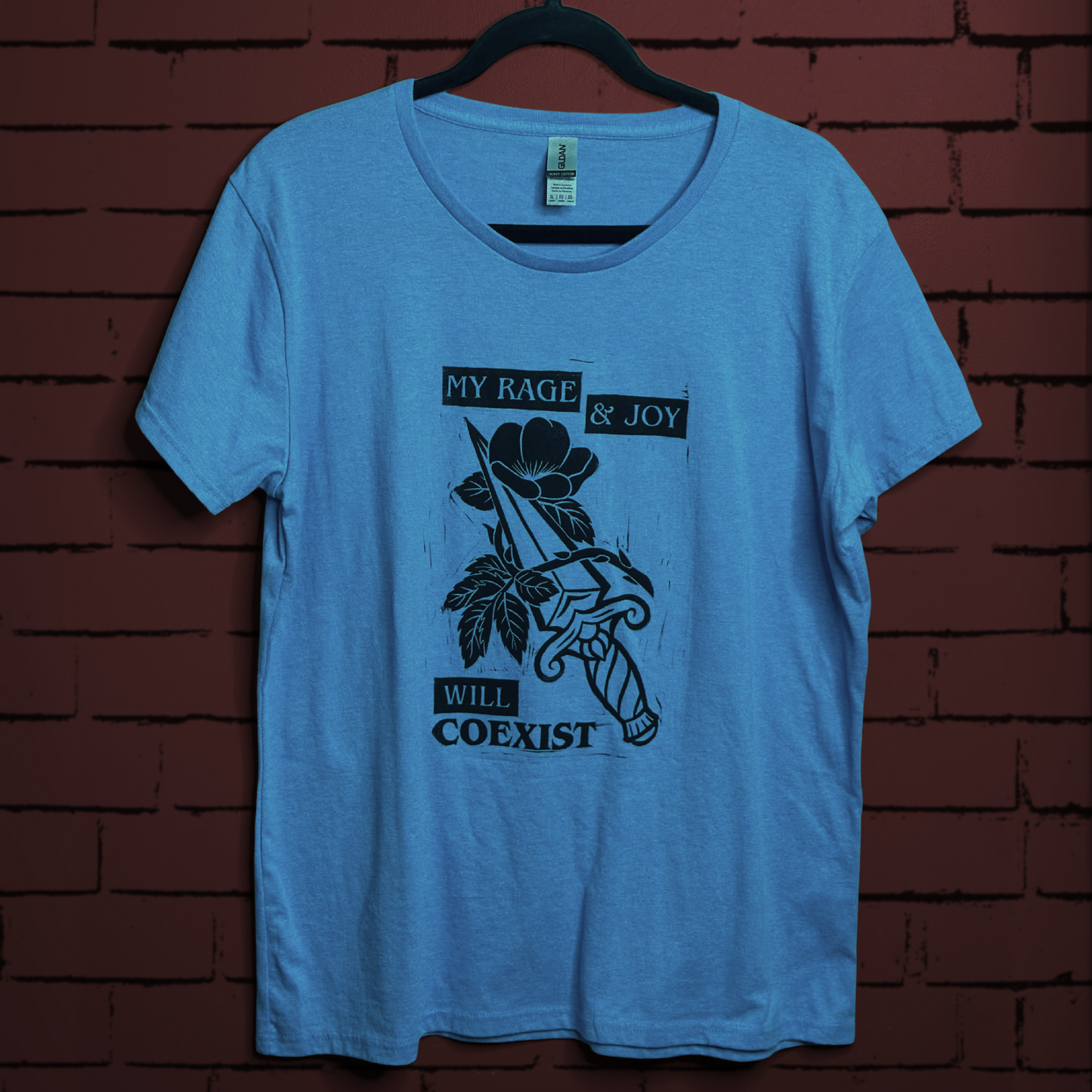 prairie rose linoprinted blue shirt (xl)