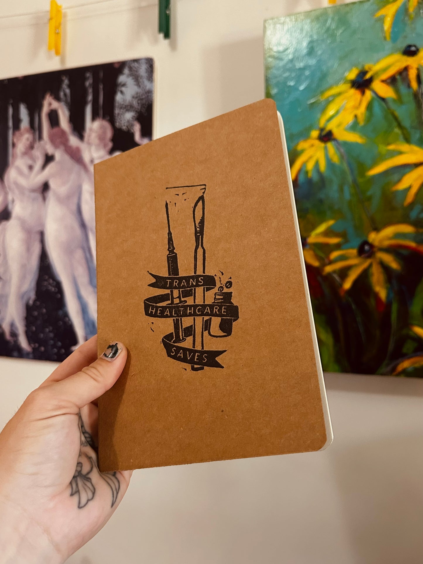 trans healthcare saves linoprinted sketchbook