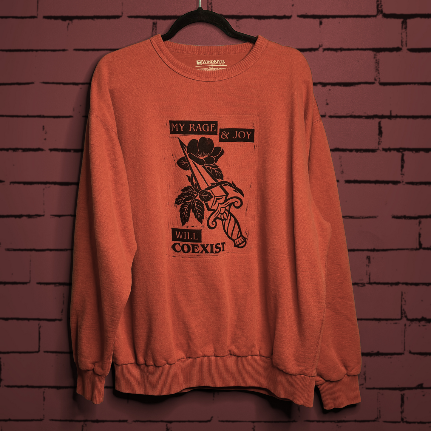 prairie rose linoprinted burnt orange sweatshirt (L)