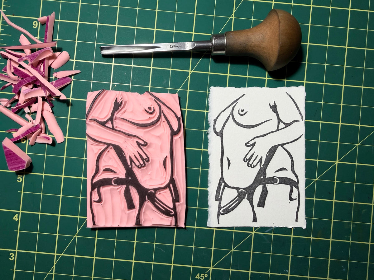 nude strapped up lino & watercolour originals atc/aceo