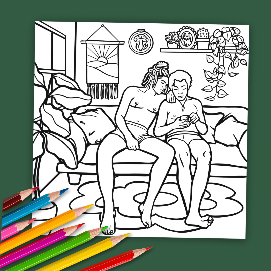 free sample from my upcoming 'cozy queer scenes' colouring book
