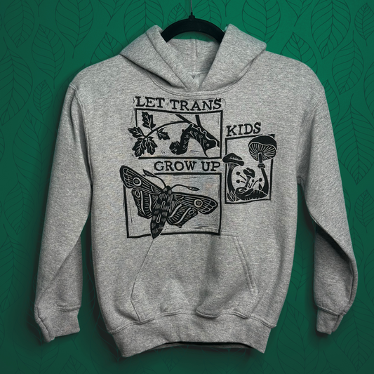 let trans kids grow up linoprinted grey hoodie (youth small)
