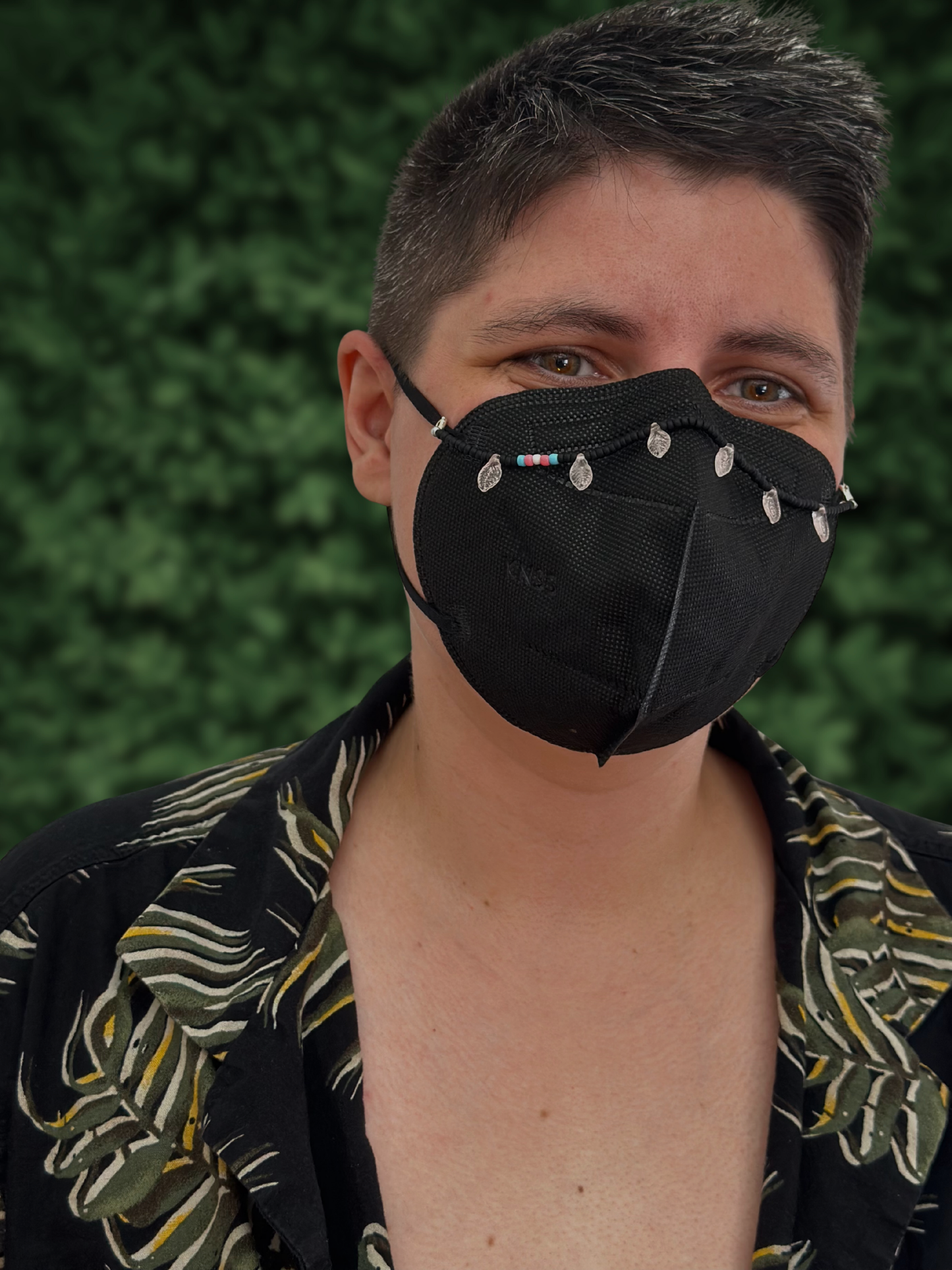black with trans flag beaded mask chain with pinkish leaves