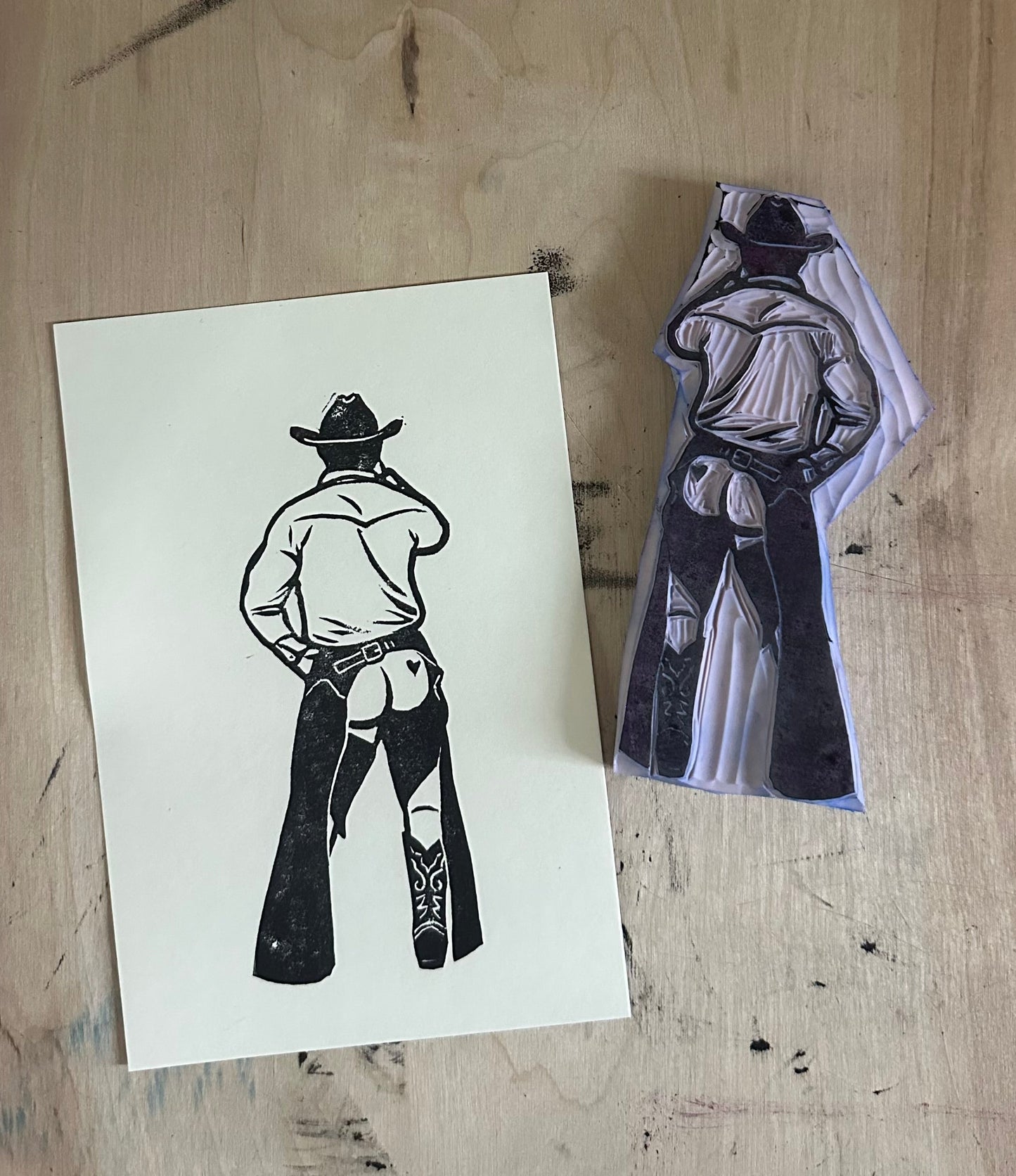 cheeky wrangler - linocut print