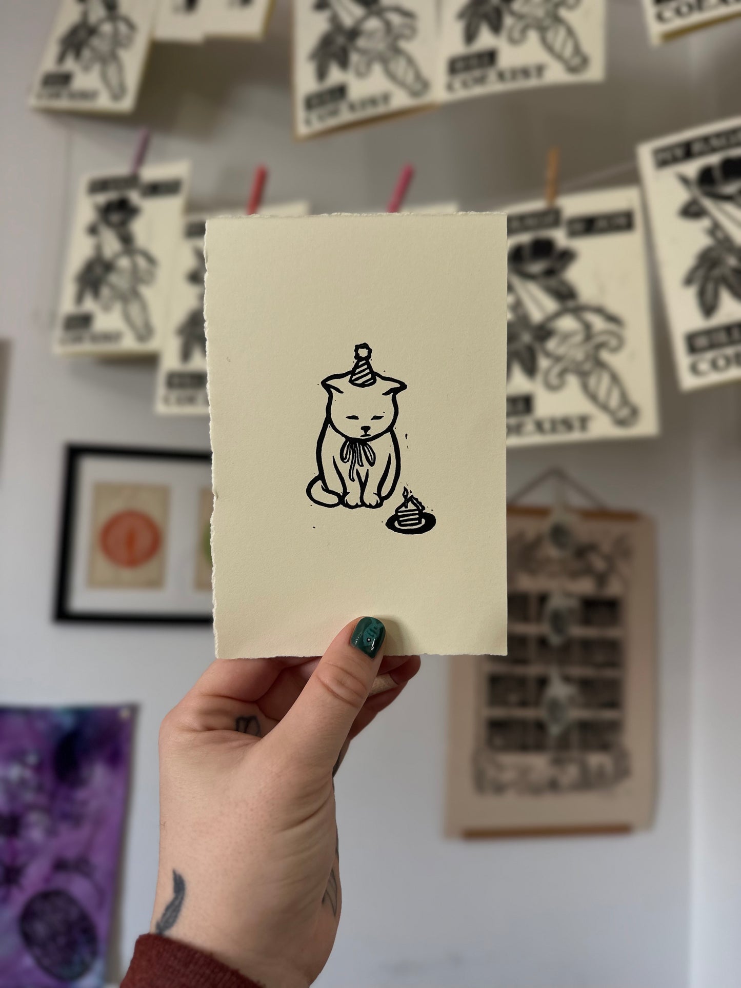 sad birthday kitty - linocut print