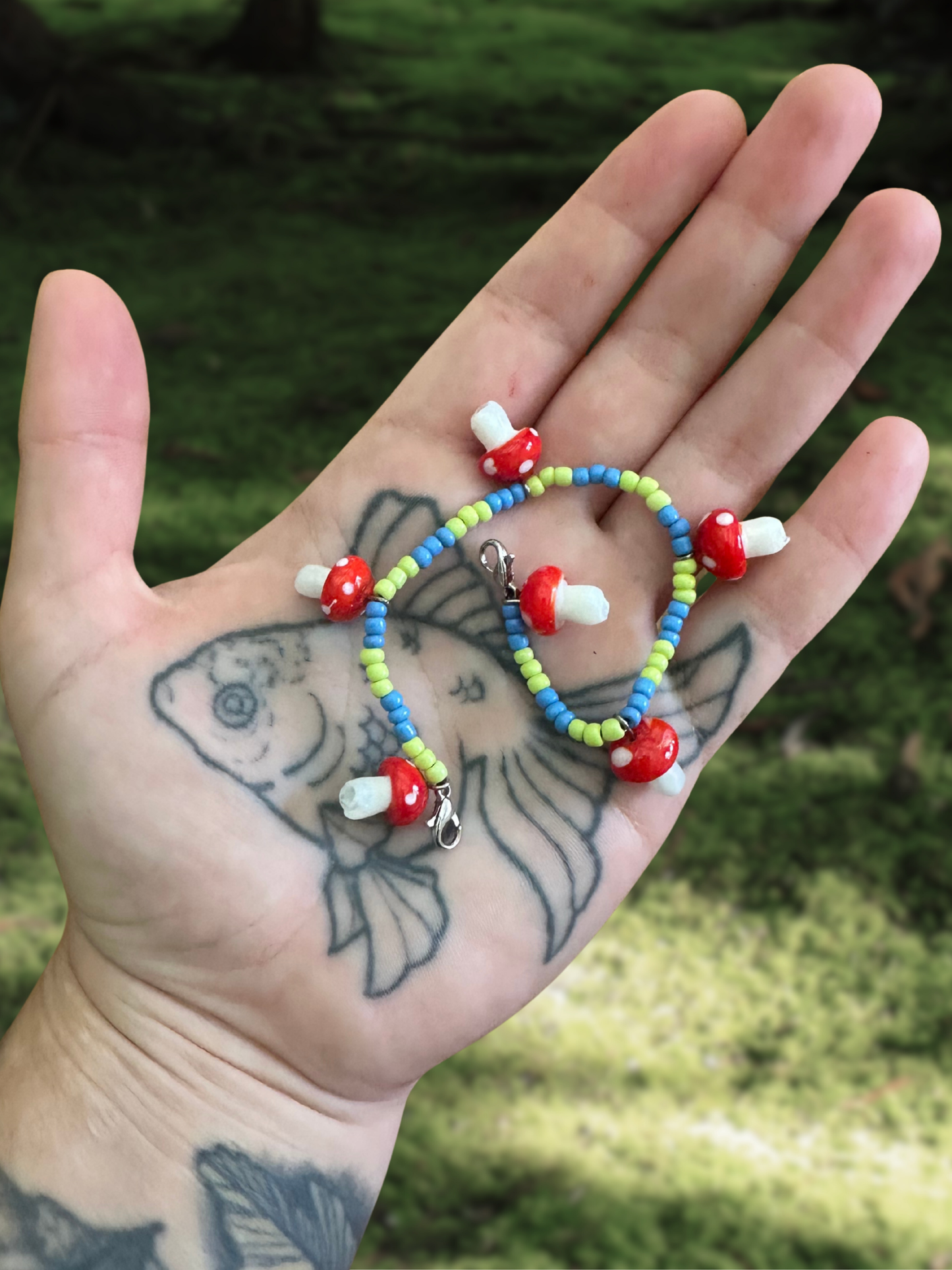 blue & green nature queer mushroom mask chain