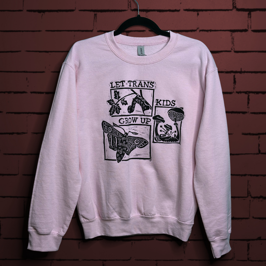 let trans kids grow up linoprinted pale pink sweatshirt (s)