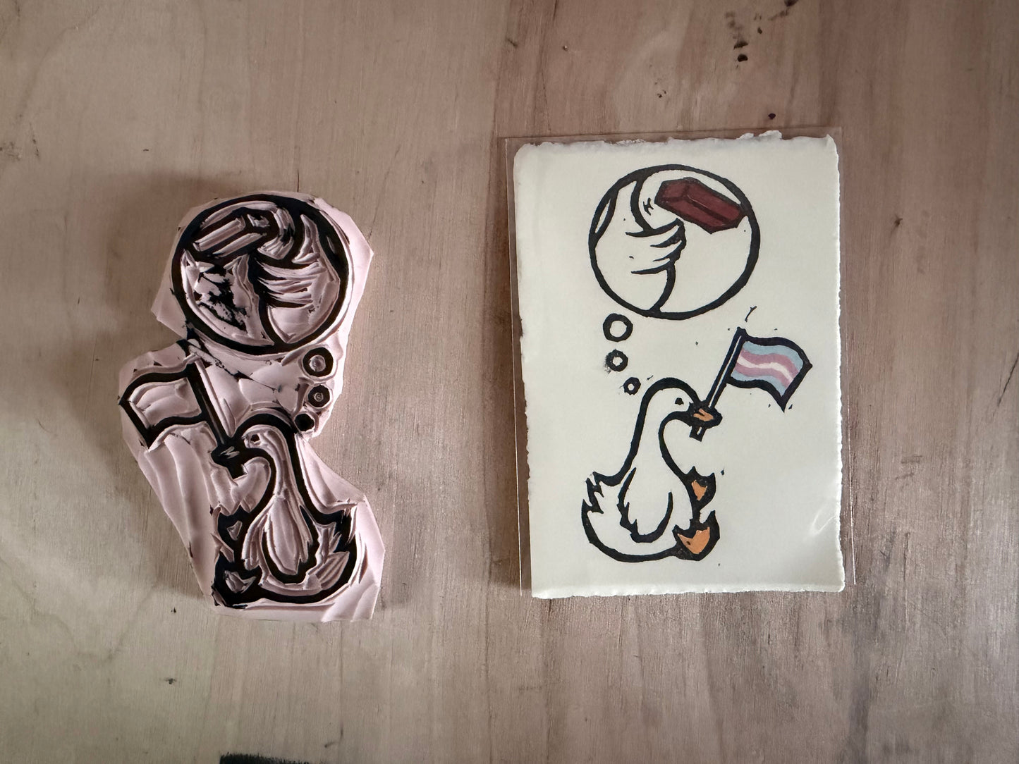 trans radical ducky linocut atc/aceo