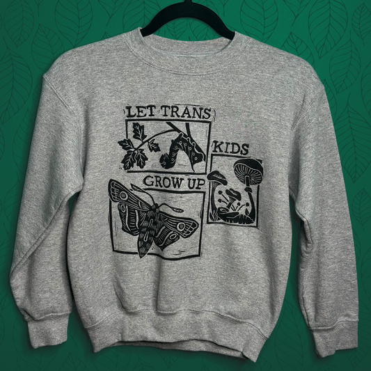 let trans kids grow up linoprinted grey crewneck (youth small)