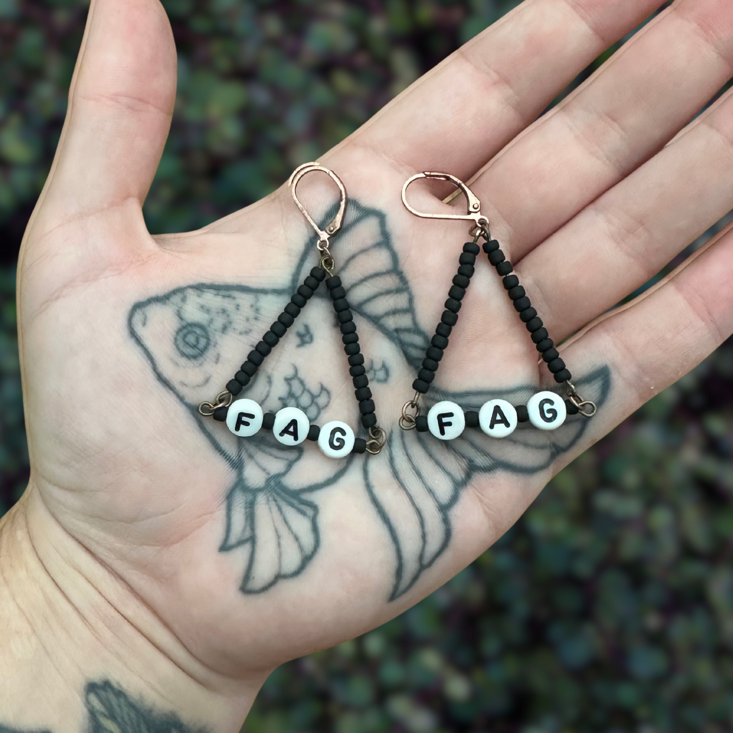 fag triangle earrings with black matte beads