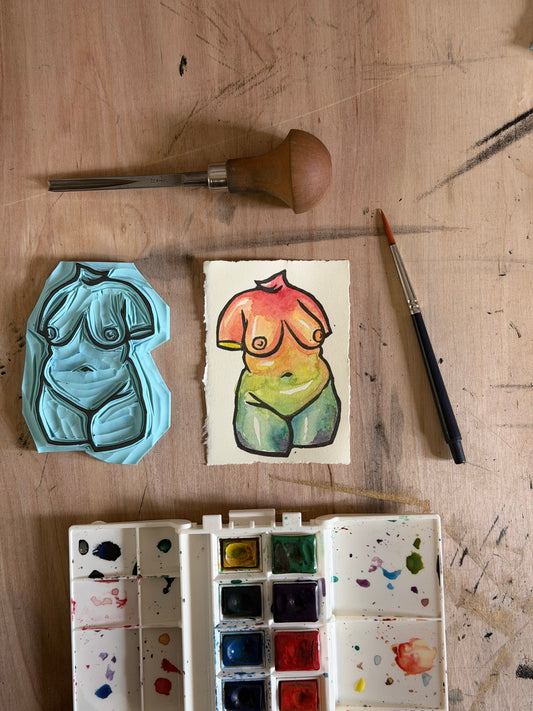 nude pride lino & watercolour originals atc/aceo