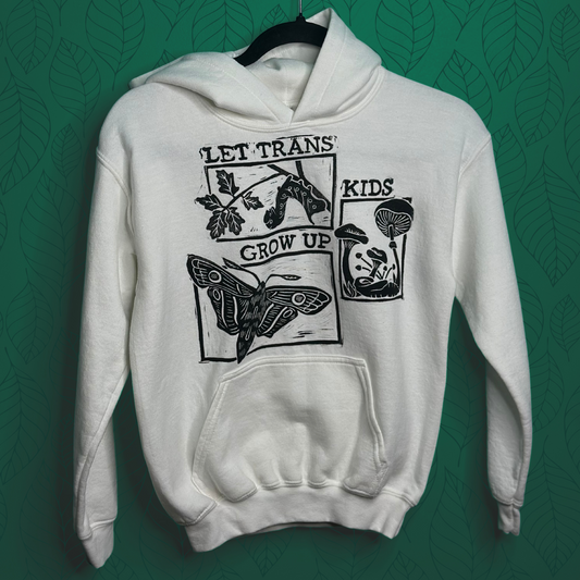 let trans kids grow up linoprinted white hoodie (youth medium)