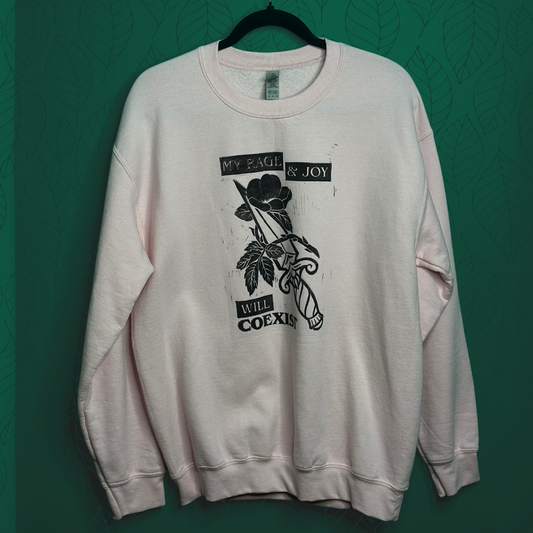 prairie rose linoprinted light pink sweatshirt (m)