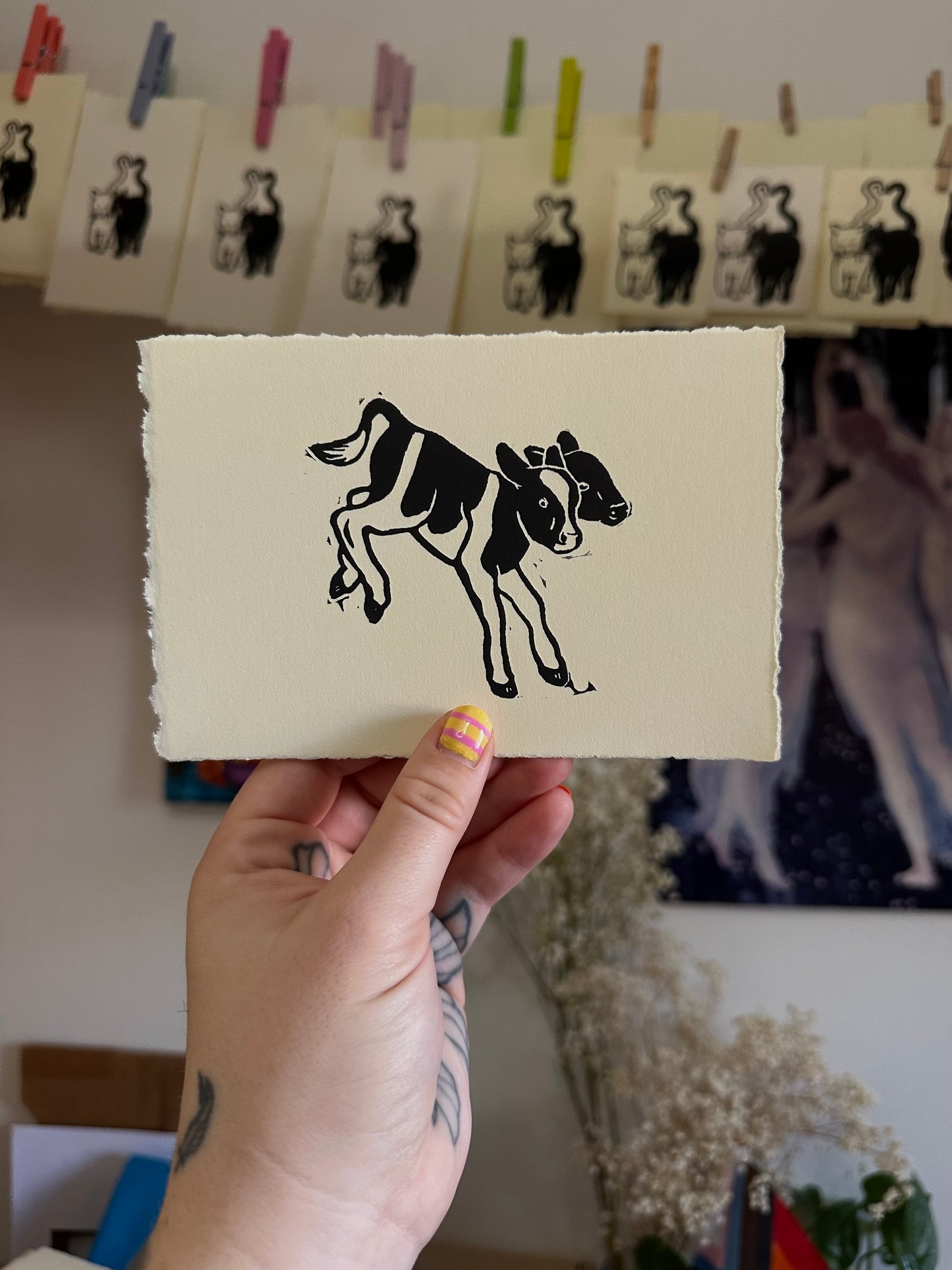 two-headed calf - linocut print