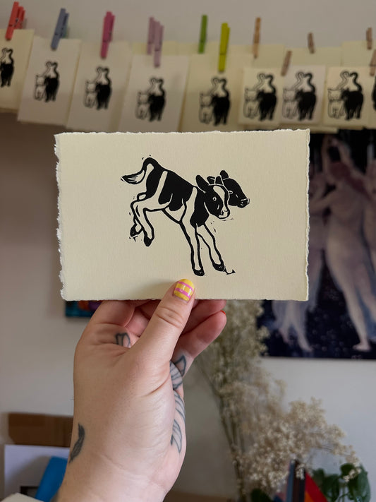 two-headed calf - linocut print