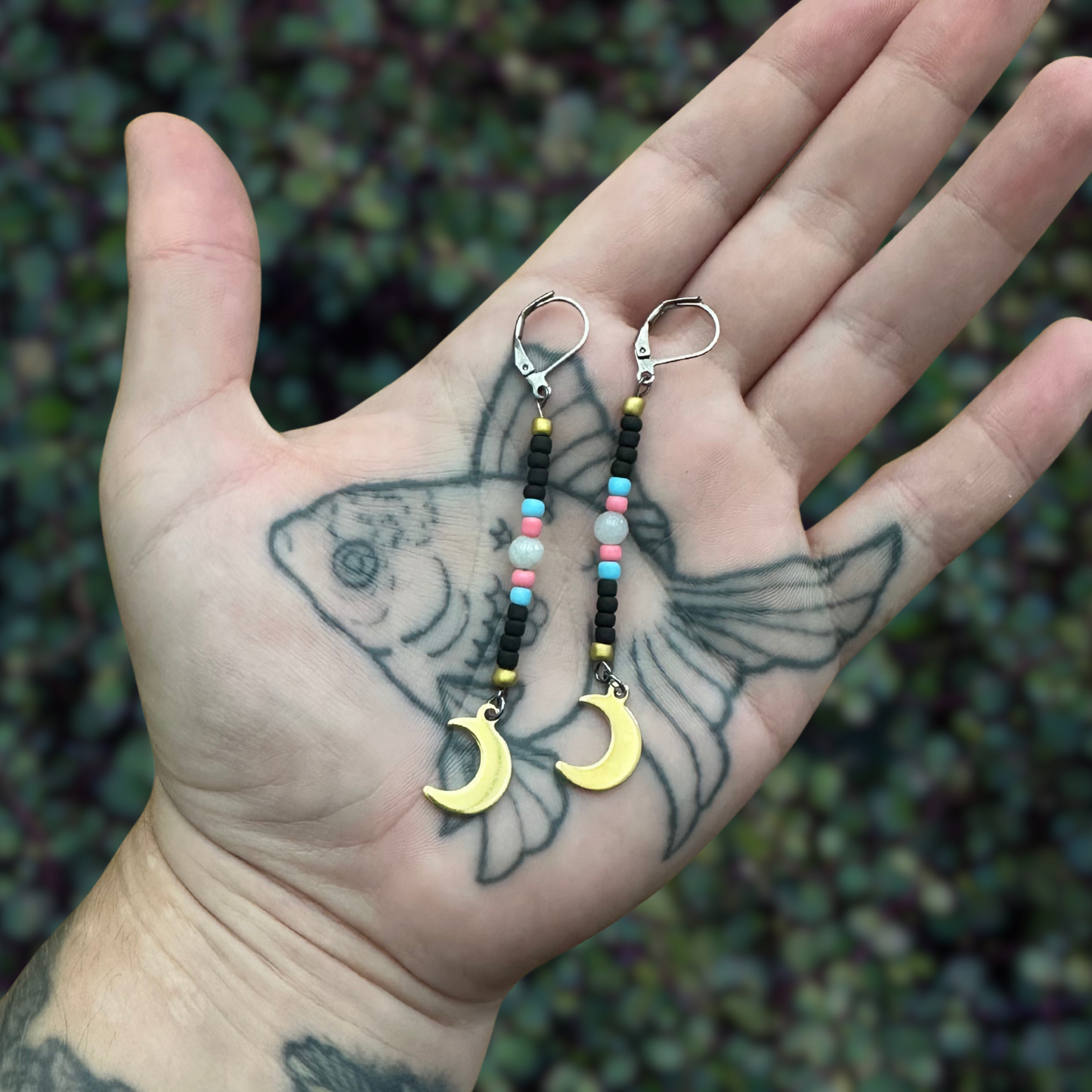 trans moon earrings with faded jade