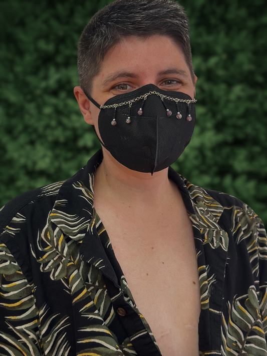 silver mask chain with black & purple dangly bits