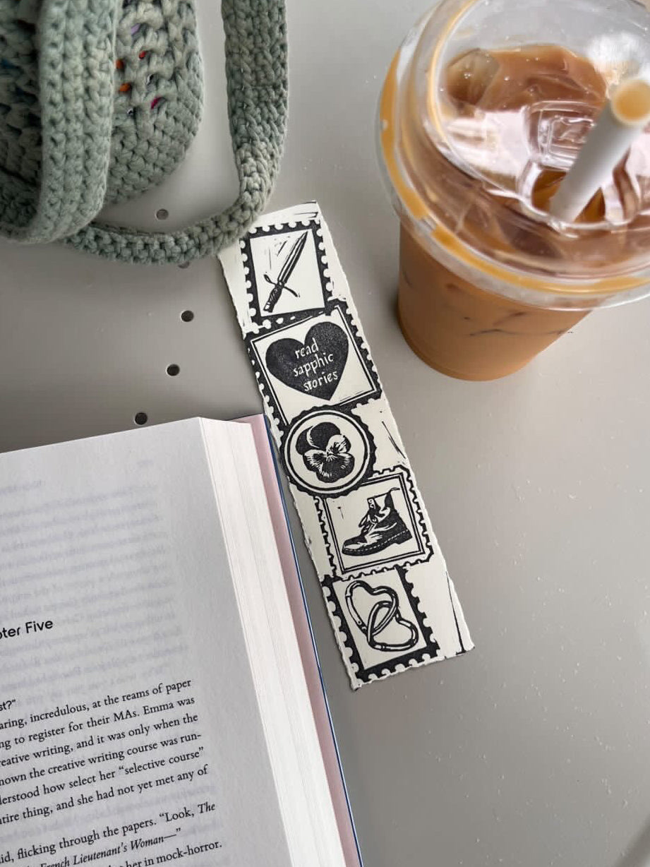 read sapphic stories; hand-printed bookmark