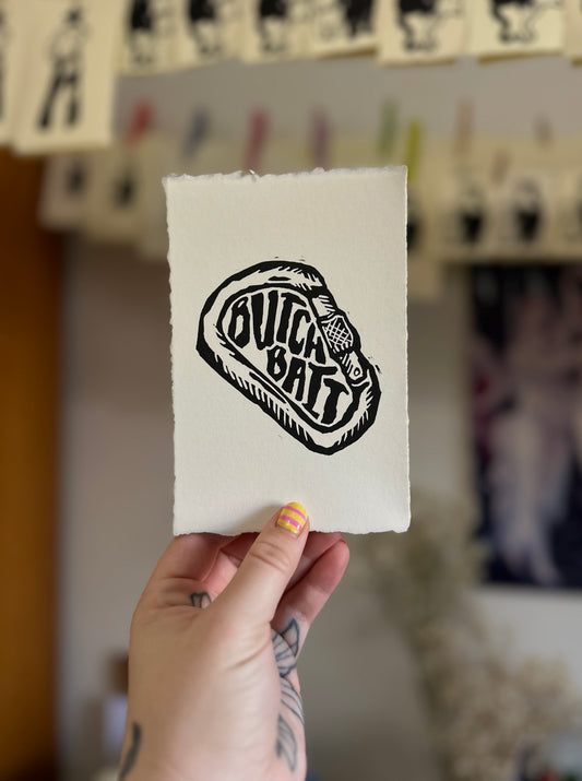 butch bait carabiner - linocut print