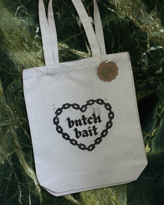 butch bait hand printed tote bag