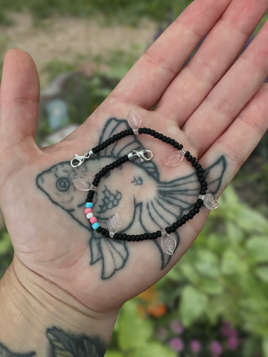 black with trans flag beaded mask chain with pinkish leaves