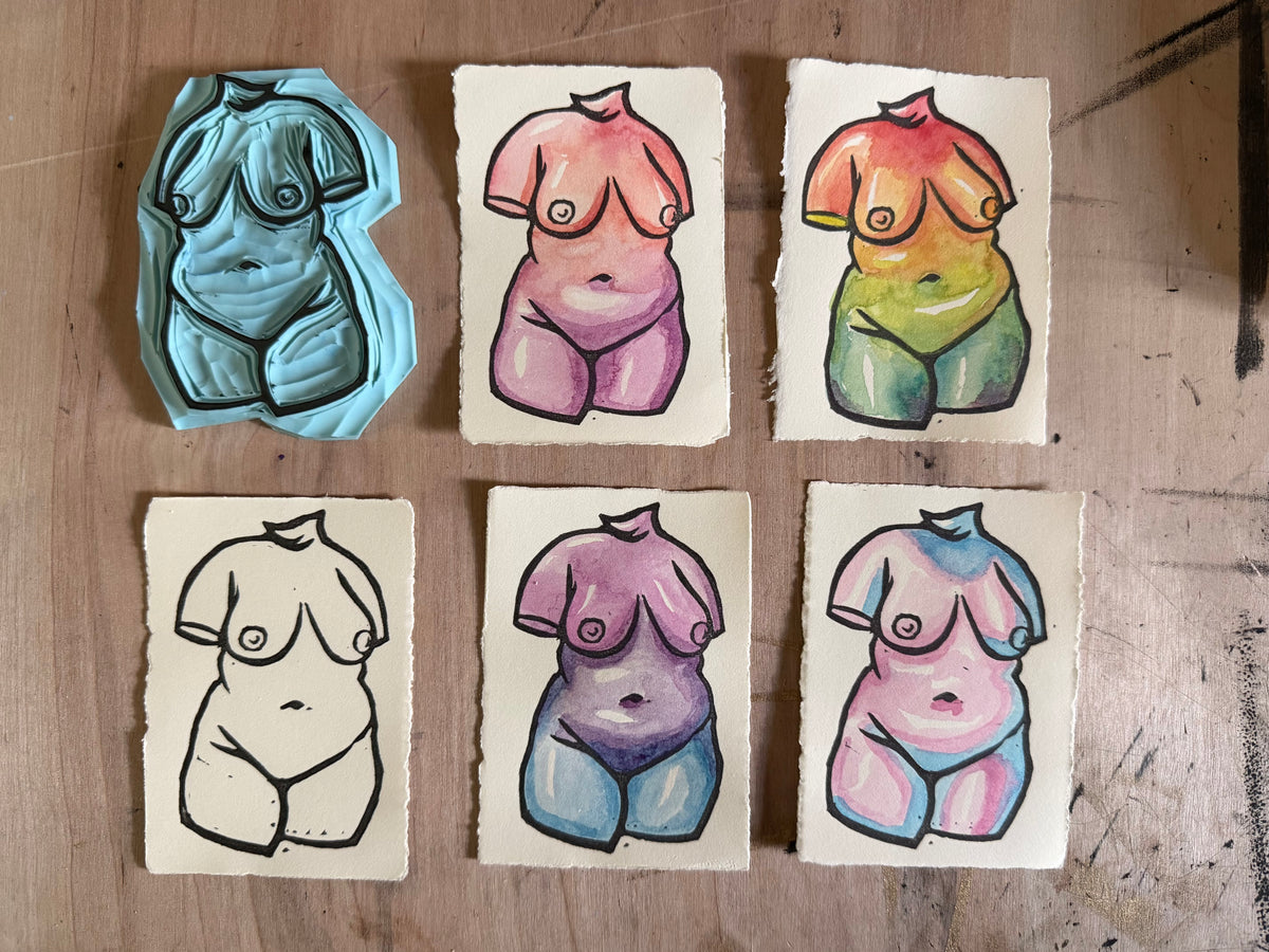 nude pride lino & watercolour originals atc/aceo