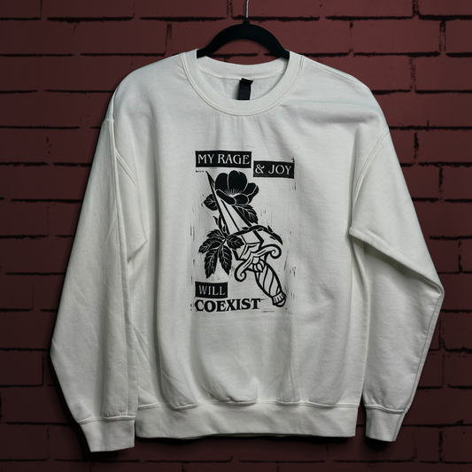 prairie rose linoprinted white sweatshirt (m)