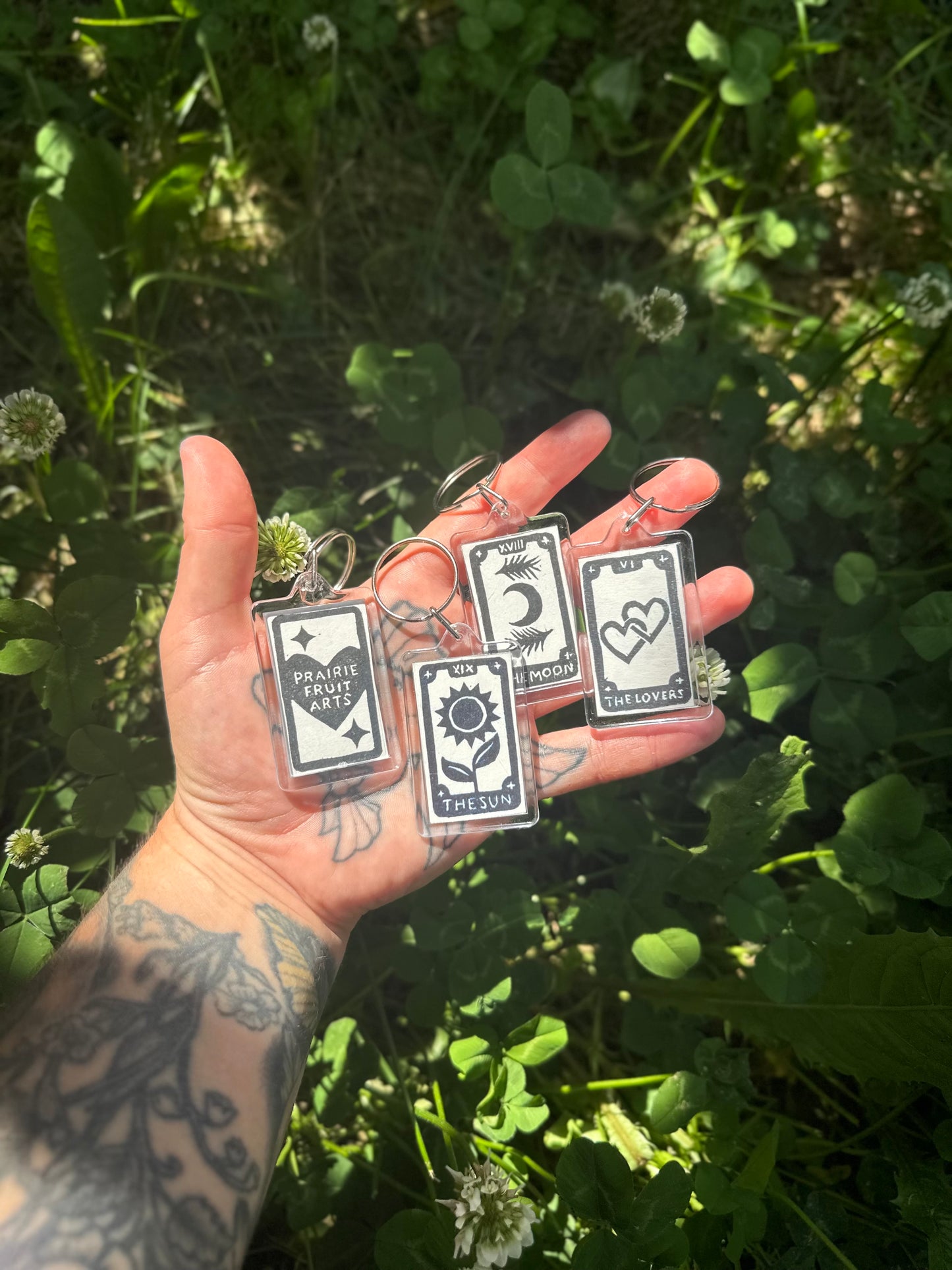 mini tarot linoprint keychains