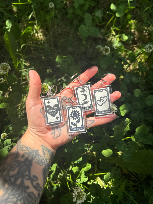mini tarot linoprint keychains