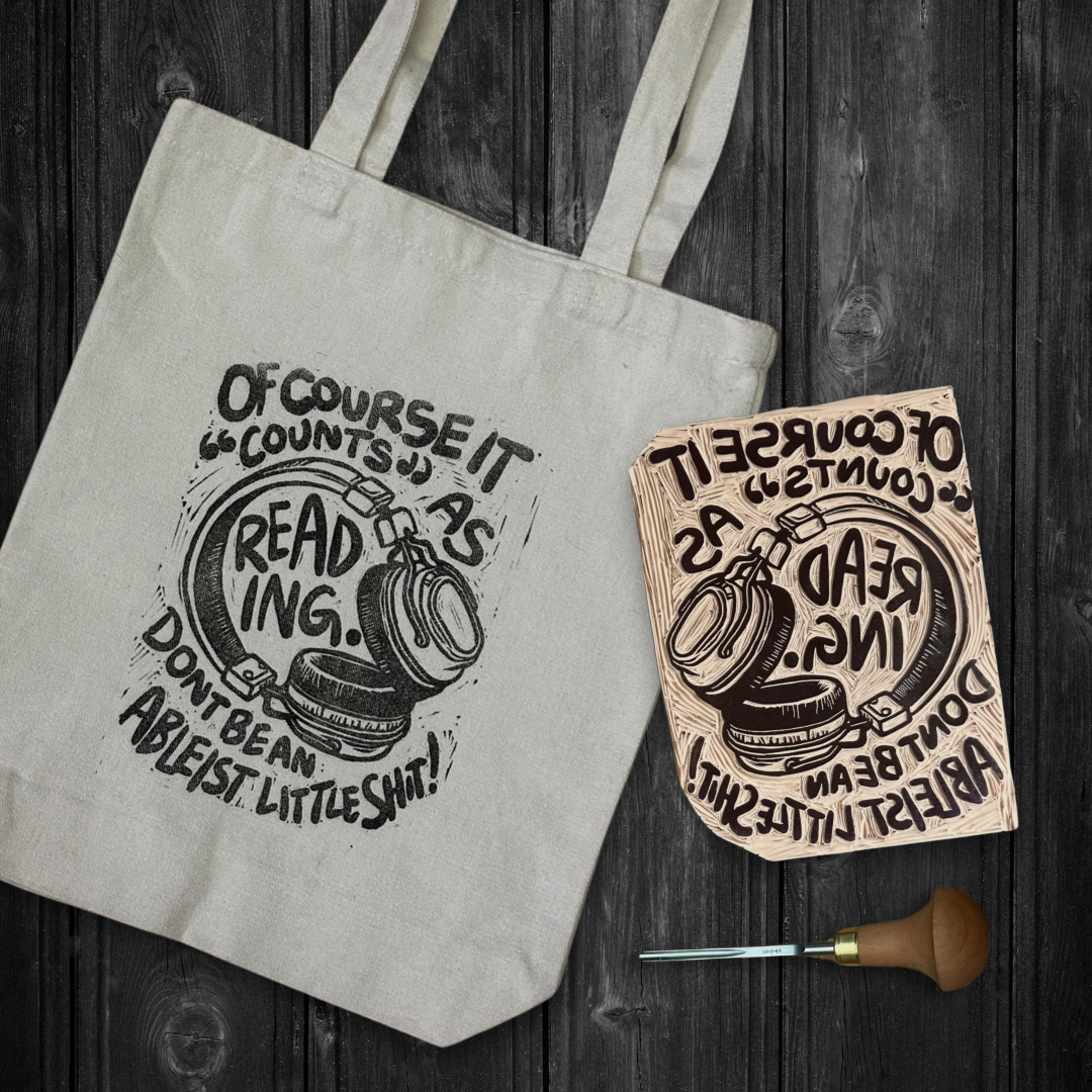 audiobooks count as reading hand printed tote bag