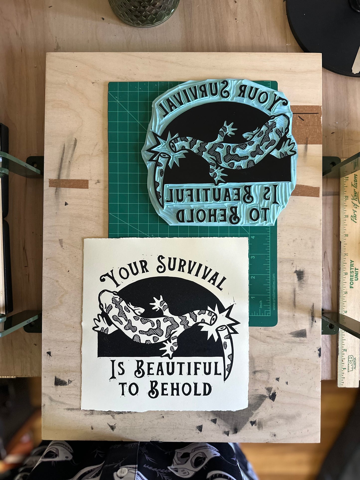salamander linocut print (your survival is beautiful to be behold)