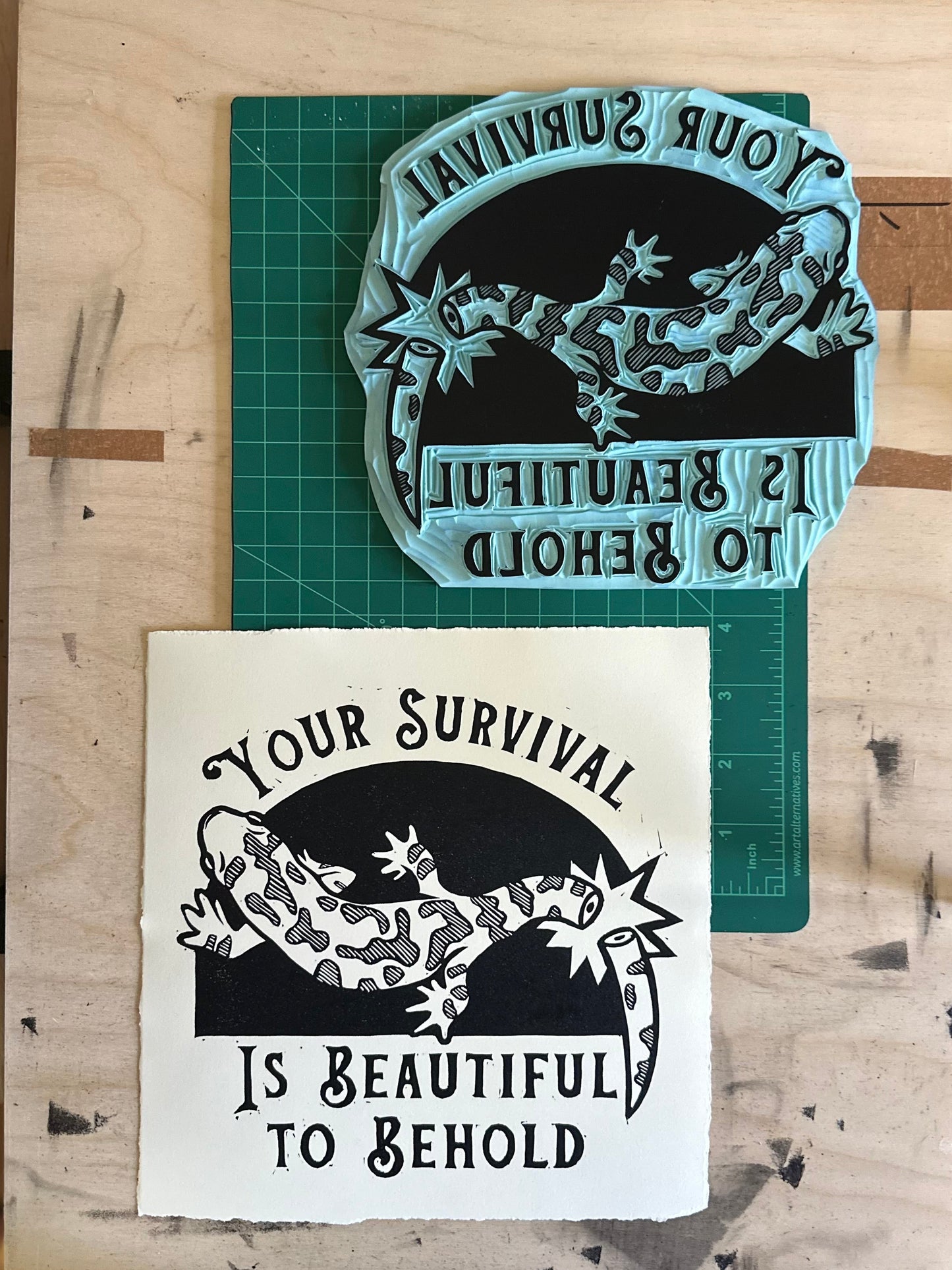 salamander linocut print (your survival is beautiful to be behold)