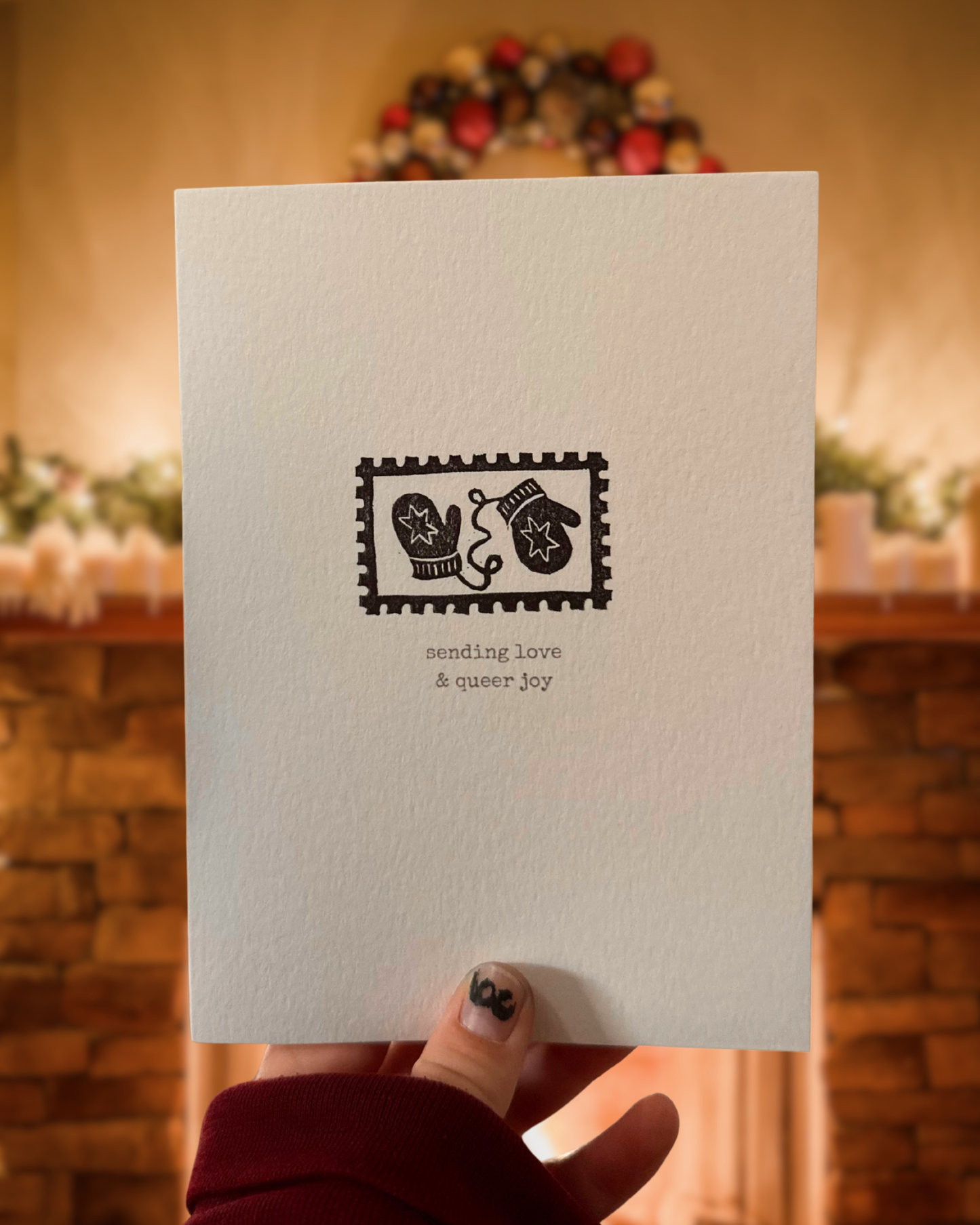 holigay tidings postage stamp linocut cards