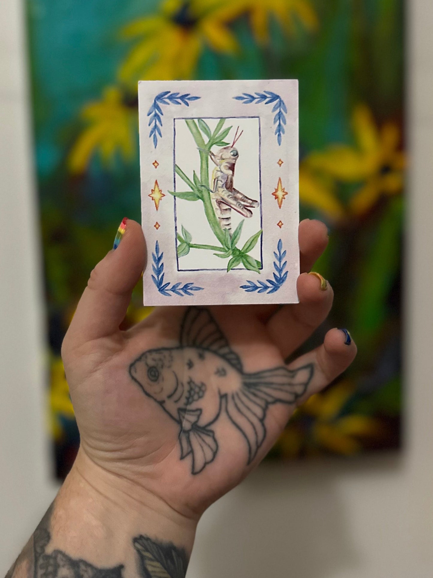 watercolour grasshopper atc (print)