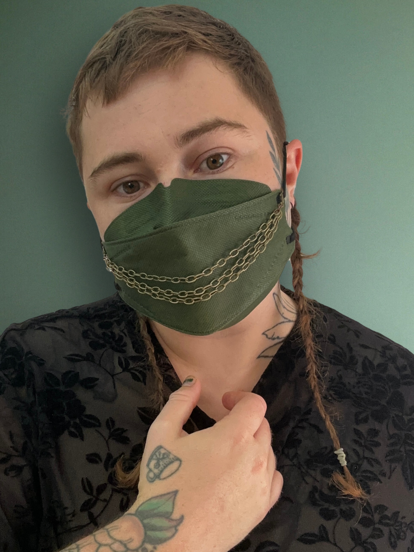 antique green tinted triple chain mask chain