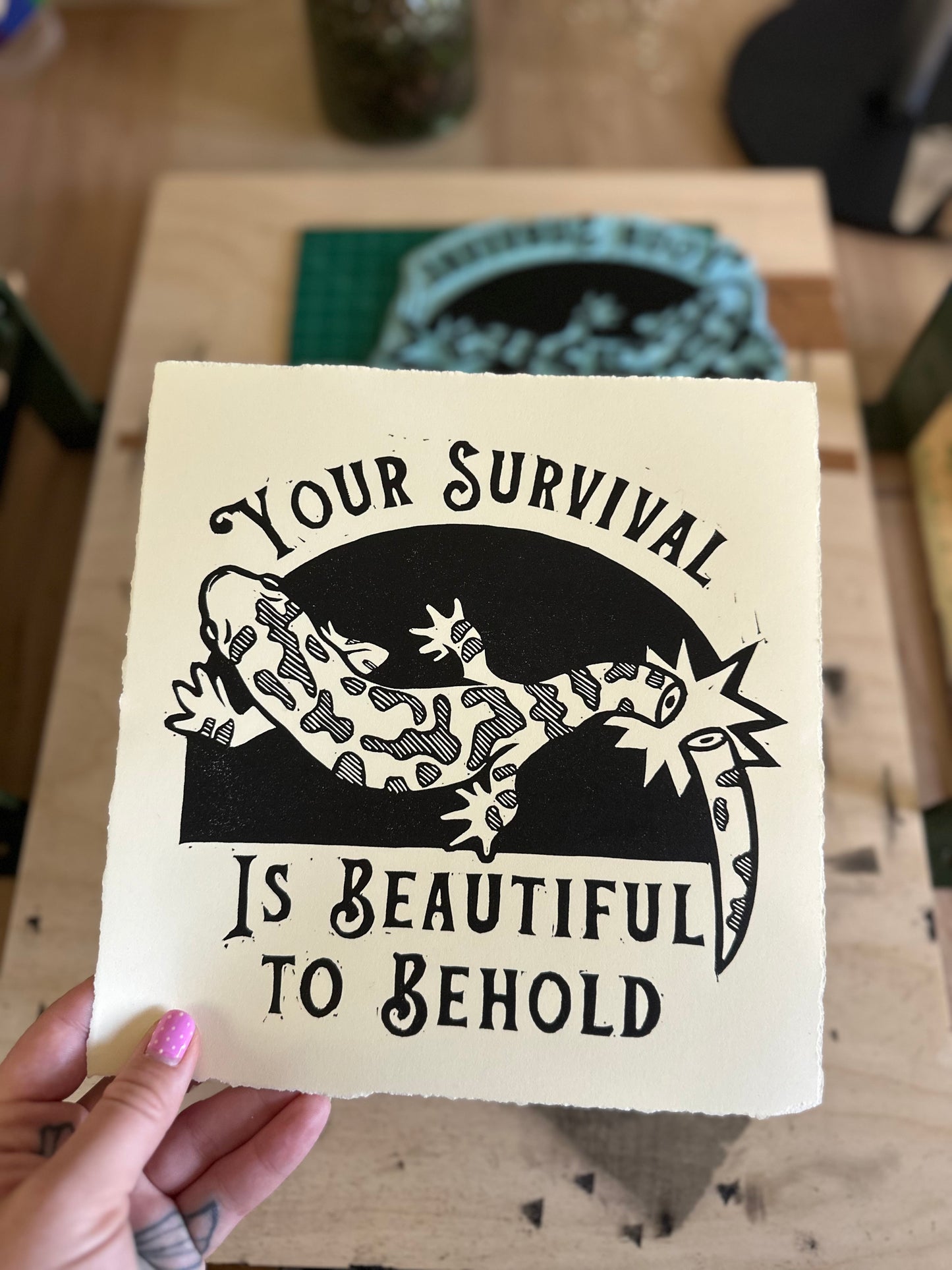 salamander linocut print (your survival is beautiful to be behold)