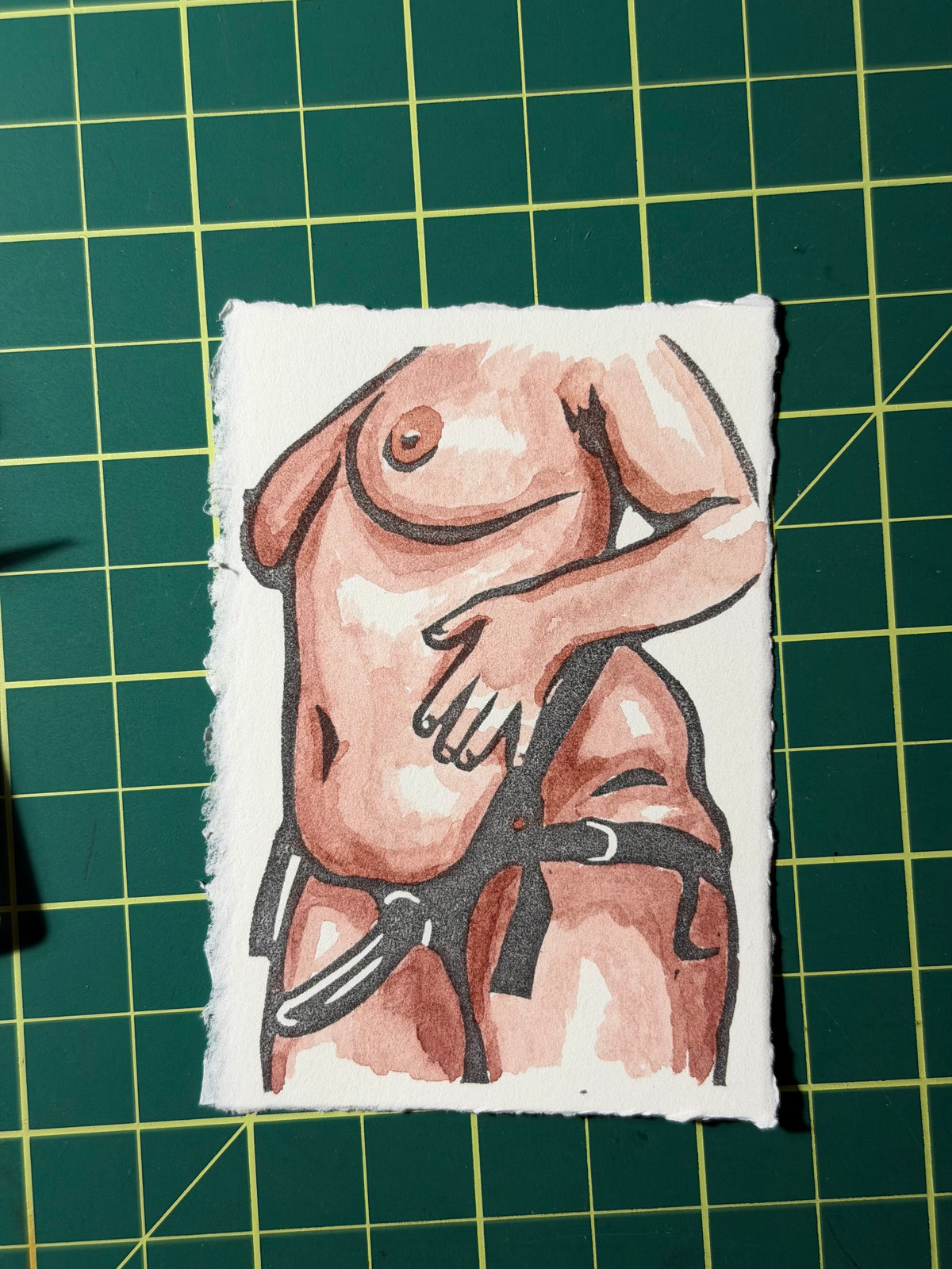 nude strapped up lino & watercolour originals atc/aceo